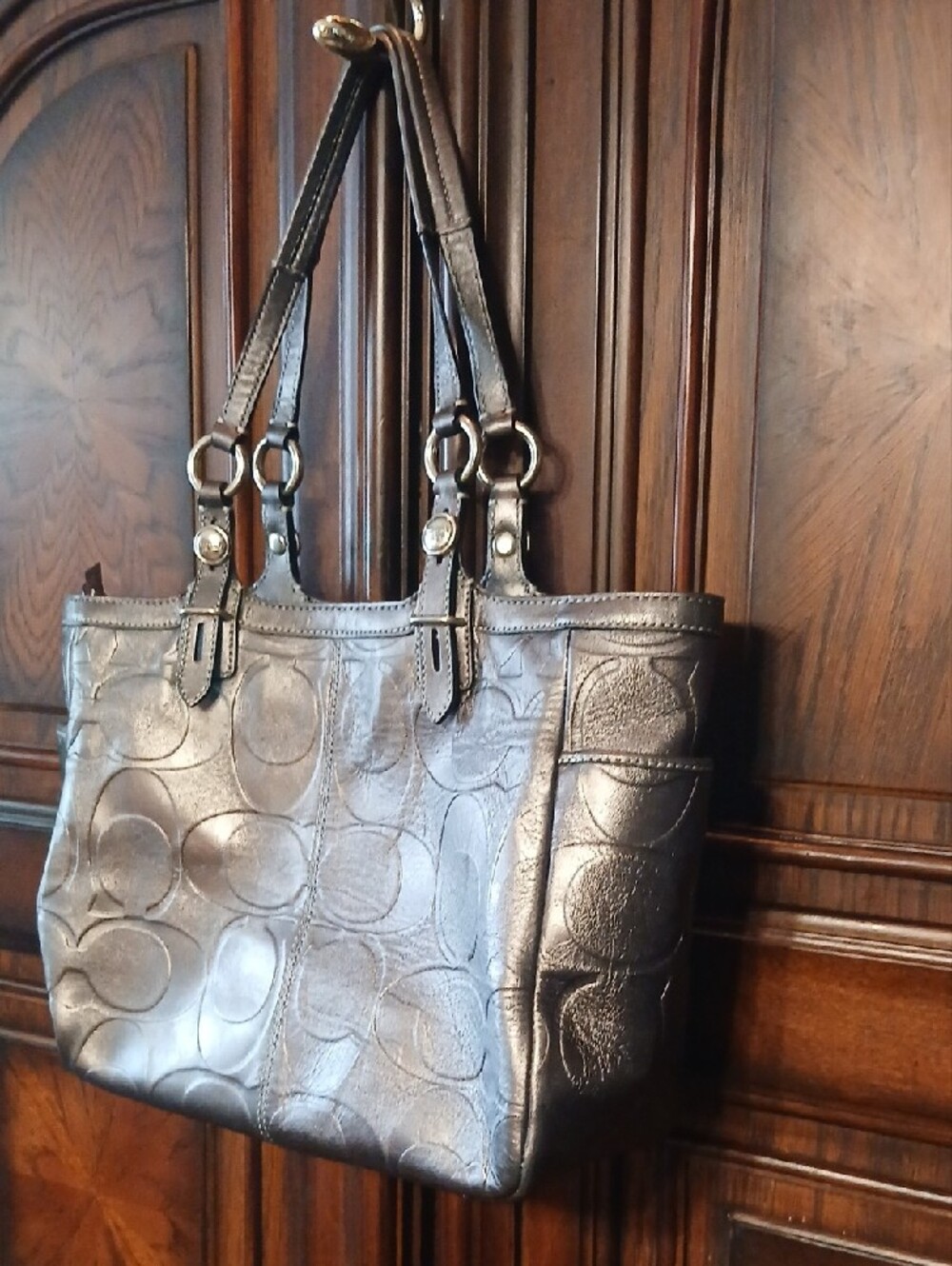 Coach Metallic Pewter Embossed Logo Shoulder Bag - Picture 3 of 6